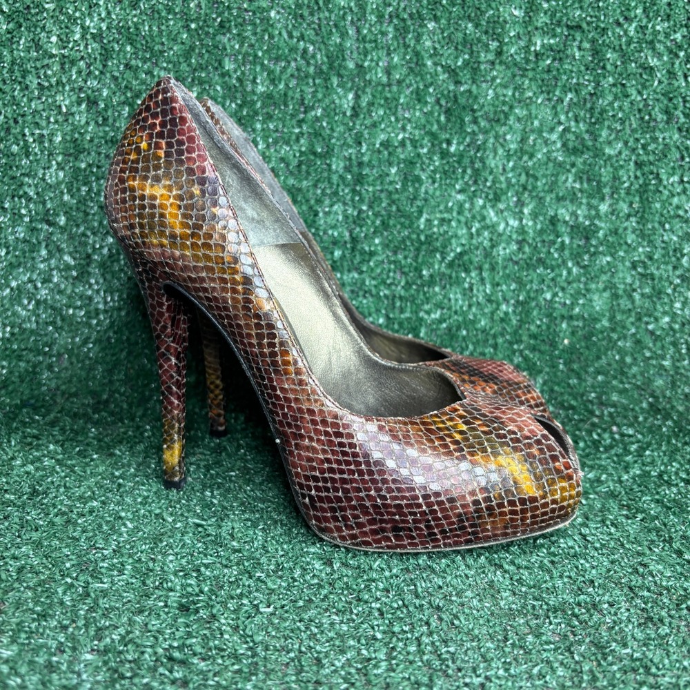Stuart Weitzman Victoria Python Peep Toe Pumps Stiletto Heel Brown Women Sz 7.5M